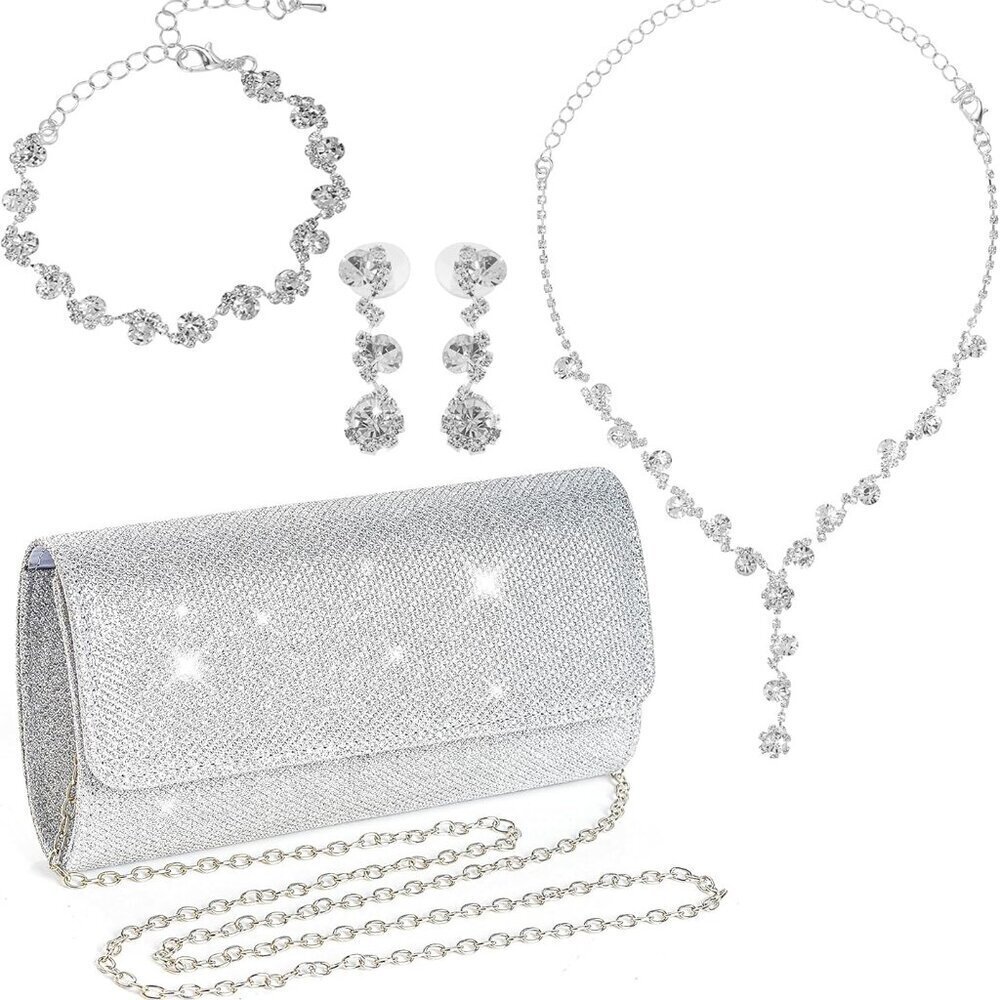 Women Rhinestone Jewelry Set Necklace Earrings Bracelets Clutch Gift